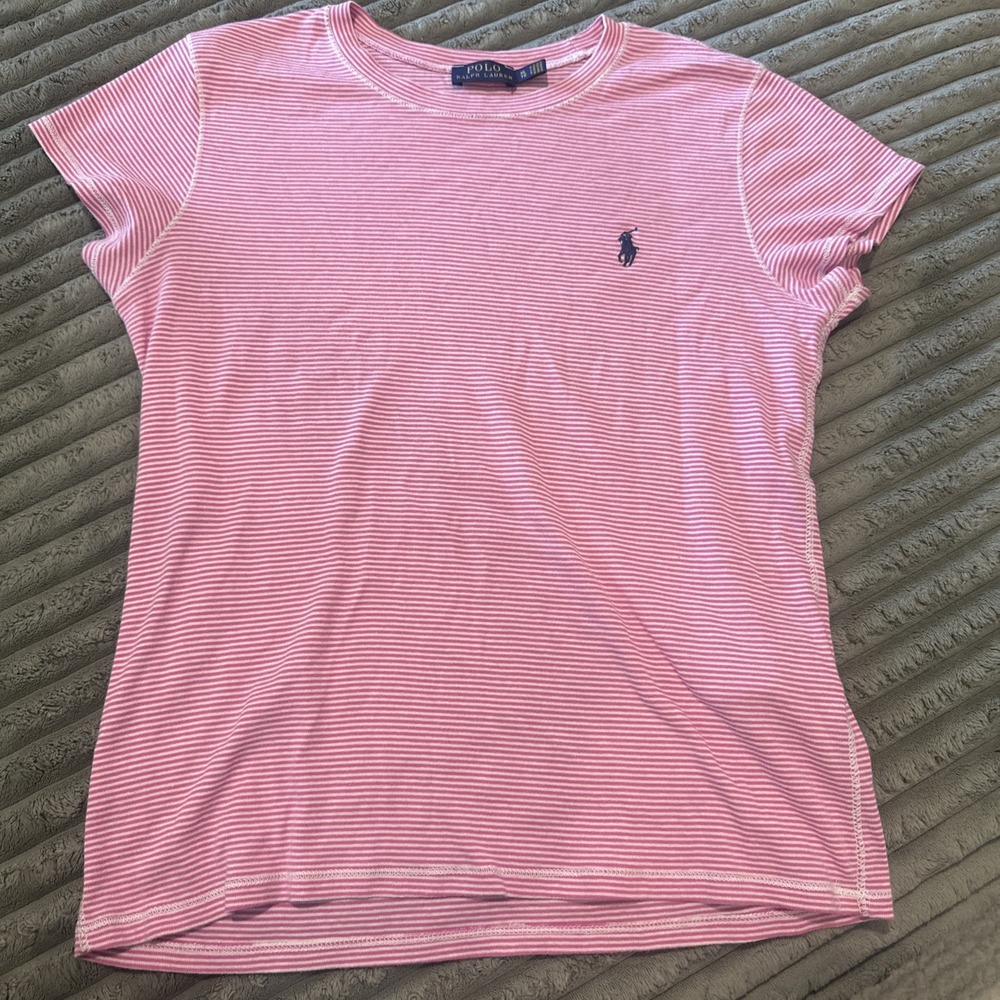 Polo Ralph Lauren Pink White Striped Short Sleeve Crew Neck T-Shirt Tee Stretch